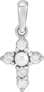 Platinum Cultured White Seed Pearl & Natural Diamond Pearl Cross Necklace or Pendant