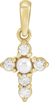 14K Gold Cultured White Seed Pearl & Natural Diamond Pearl Cross Necklace or Pendant - Yellow Gold