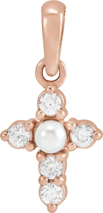 14K Gold Cultured White Seed Pearl & Natural Diamond Pearl Cross Necklace or Pendant - Rose Gold