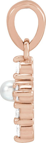 14K Gold Cultured White Seed Pearl & Natural Diamond Pearl Cross Necklace or Pendant - Rose Gold - view 2