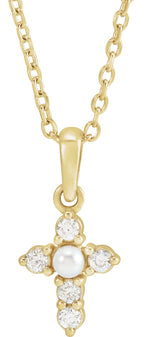14K Gold Cultured White Seed Pearl & Natural Diamond Pearl Cross Necklace or Pendant - Yellow Gold