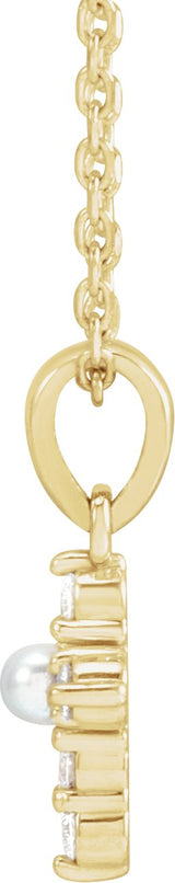 14K Gold Cultured White Seed Pearl & Natural Diamond Pearl Cross Necklace or Pendant - Yellow Gold - view 2