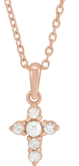 14K Gold Cultured White Seed Pearl & Natural Diamond Pearl Cross Necklace or Pendant - Rose Gold