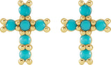 14K Gold Round Natural Turquoise Cross Earrings - Yellow Gold - view 6
