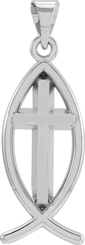 14K Gold Ichthus with Cross Pendant - White Gold