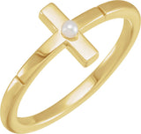 14K Gold Cultured White Akoya Pearl Pearl Sideways Cross Ring - Yellow Gold