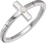 Platinum Cultured White Akoya Pearl Pearl Sideways Cross Ring