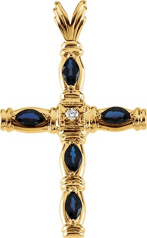 14K Gold Marquise Natural Sapphire & Natural Diamond Accented Cross Pendant