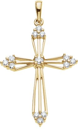14K Gold Round Natural Diamond Accented Cross Pendant – 2.2mm Stones - view 6