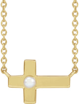 14K Gold Cultured White Seed Pearl Pearl Sideways Cross Necklace - Yellow Gold