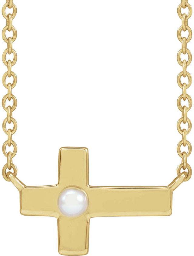 14K Gold Cultured White Seed Pearl Pearl Sideways Cross Necklace - Yellow Gold
