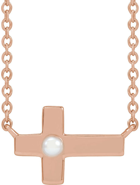 14K Gold Cultured White Seed Pearl Pearl Sideways Cross Necklace - Rose Gold