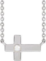Platinum Cultured White Seed Pearl Pearl Sideways Cross Necklace