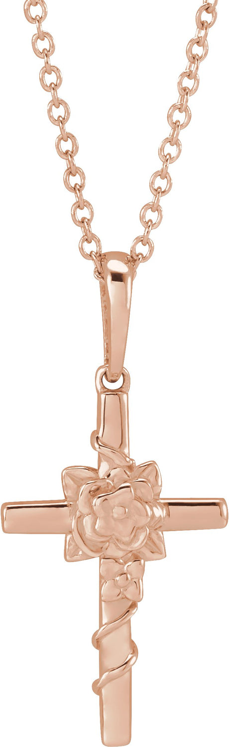 14K Gold Floral Cross Necklace or Pendant – 24.26x10.99mm - Rose Gold
