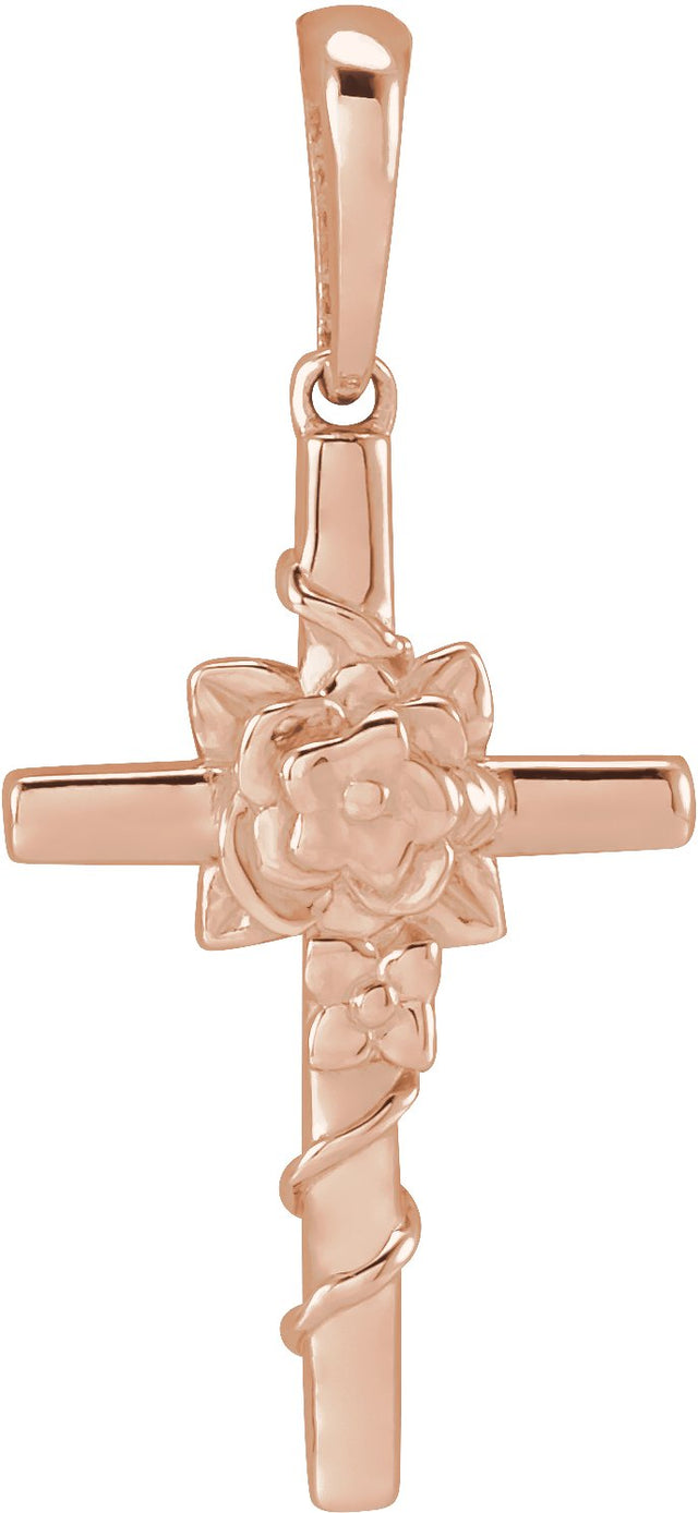 14K Gold Floral Cross Necklace or Pendant – 24.26x10.99mm - Rose Gold