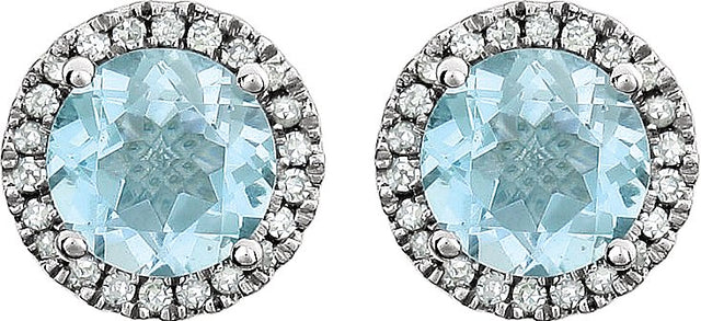14K Gold Natural Sky Blue Topaz & Natural Diamond Round 4-Prong Halo-Style Birthstone Earrings - view 4
