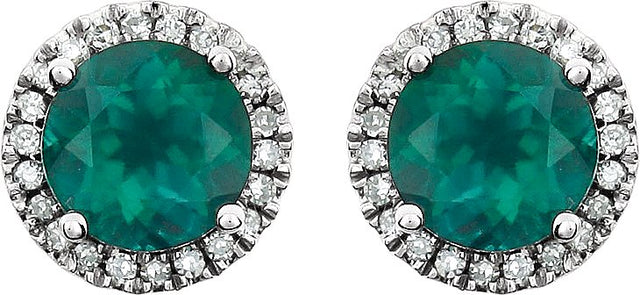 14K Gold Lab-Grown Emerald & Natural Diamond Round 4-Prong Halo-Style Birthstone Earrings - view 4