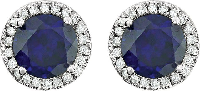 14K Gold Lab-Grown Blue Sapphire & Natural Diamond Round 4-Prong Halo-Style Birthstone Earrings - view 4