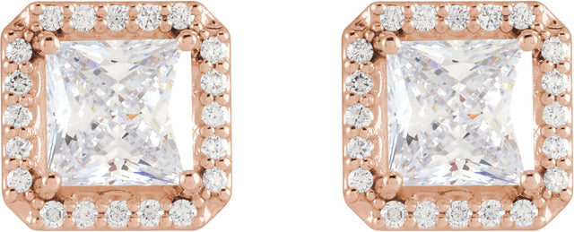 14K Gold Lab-Grown Moissanite Natural Diamond Square 4-Prong Halo-Style Earring - Rose Gold - view 6