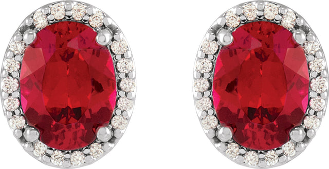 Platinum Lab-Grown Ruby Oval 4-Prong Halo-Style Low Stud Earring - view 6