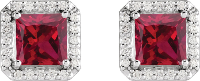 14K Gold Lab-Grown Ruby Natural Diamond Square 4-Prong Halo-Style Earring - White Gold - view 6