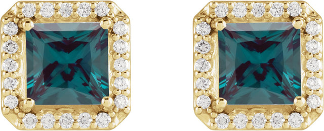 14K Gold Lab-Grown Alexandrite Natural Diamond Square 4-Prong Halo-Style Earring - Yellow Gold - view 6