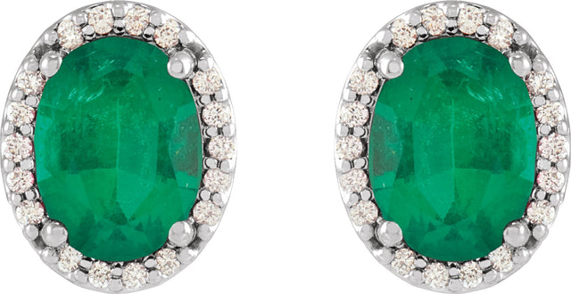 Platinum Lab-Grown Emerald Oval 4-Prong Halo-Style Low Stud Earring - view 6