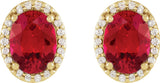 14K Gold Lab-Grown Ruby Oval 4-Prong Halo-Style Low Stud Earring - Yellow Gold - view 6