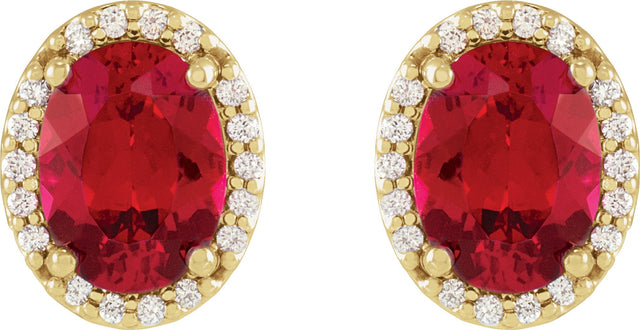 14K Gold Lab-Grown Ruby Oval 4-Prong Halo-Style Low Stud Earring - Yellow Gold - view 6