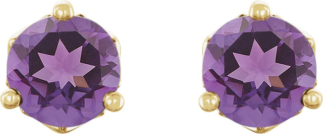 14K Gold Natural Amethyst Round 3-Prong Stud Earrings - Yellow Gold - view 4