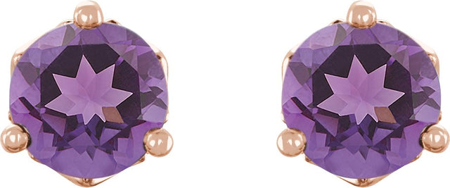 14K Gold Natural Amethyst Round 3-Prong Stud Earrings - Rose Gold - view 4