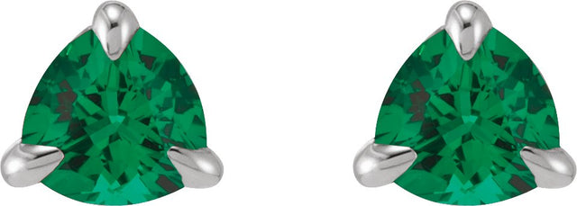 14K Gold Natural Emerald Trillion 3-Prong Claw Earrings - White Gold - view 4