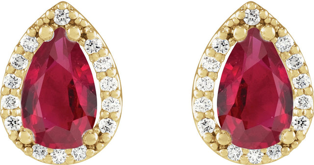 14K Gold Lab-Grown Ruby Pear 4-Prong Halo-Style Low Stud Earring - Yellow Gold - view 8