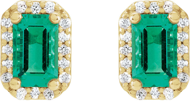 14K Gold Emerald Lab-Grown Emerald & Natural Diamond Halo-Style Earrings - Yellow Gold - view 4