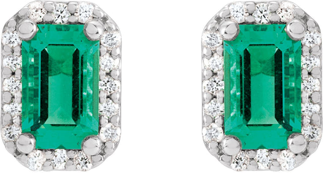 14K Gold Emerald Lab-Grown Emerald & Natural Diamond Halo-Style Earrings - White Gold - view 4