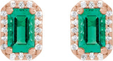 14K Gold Emerald Lab-Grown Emerald & Natural Diamond Halo-Style Earrings - Rose Gold - view 4