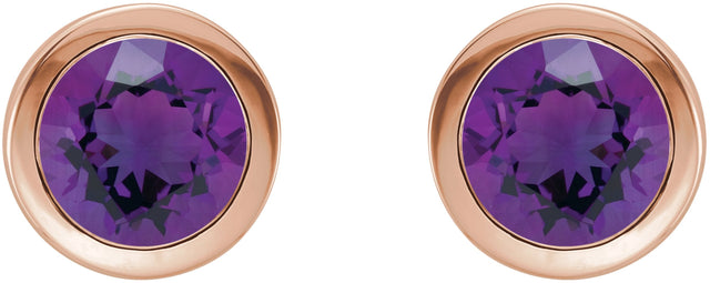 14K Gold Natural Amethyst Round Bezel-Set Birthstone Stud Earrings - Rose Gold - view 6