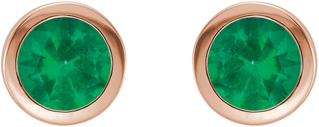 14K Gold Lab-Grown Emerald Round Bezel-Set Birthstone Stud Earrings - Rose Gold - view 6