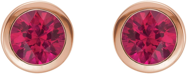 14K Gold Natural Ruby Round Bezel-Set Birthstone Stud Earrings - Rose Gold - view 6
