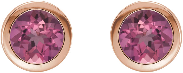 14K Gold Natural Pink Tourmaline Round Bezel-Set Birthstone Stud Earrings - Rose Gold - view 6