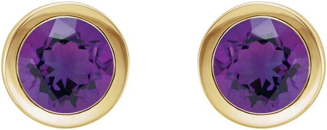 14K Gold Natural Amethyst Round Bezel-Set Birthstone Stud Earrings - Yellow Gold - view 6