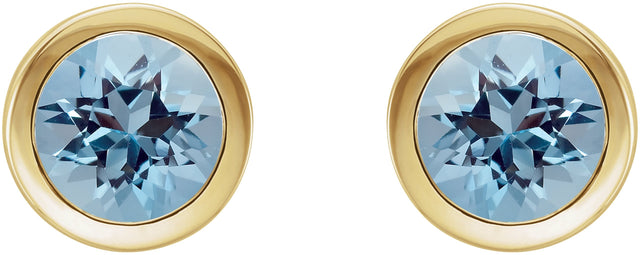 14K Gold Natural Aquamarine Round Bezel-Set Birthstone Stud Earrings - Yellow Gold - view 6