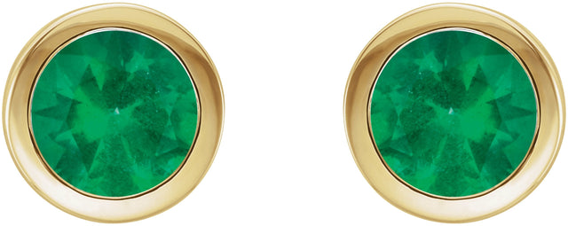 14K Gold Natural Emerald Round Bezel-Set Birthstone Stud Earrings - Yellow Gold - view 6
