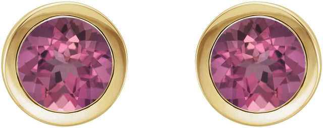 14K Gold Natural Pink Tourmaline Round Bezel-Set Birthstone Stud Earrings - Yellow Gold - view 6