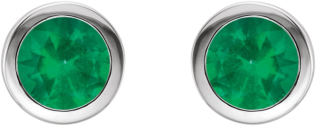 14K Gold Natural Emerald Round Bezel-Set Birthstone Stud Earrings - White Gold - view 6