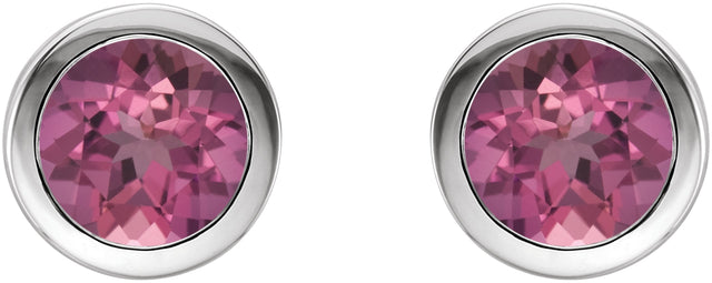 Platinum Natural Pink Tourmaline Round Bezel-Set Birthstone Stud Earrings - view 6
