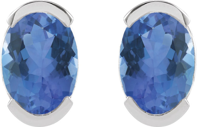 Platinum Oval Natural Tanzanite Half-Bezel Solitaire Stud Earrings - view 4