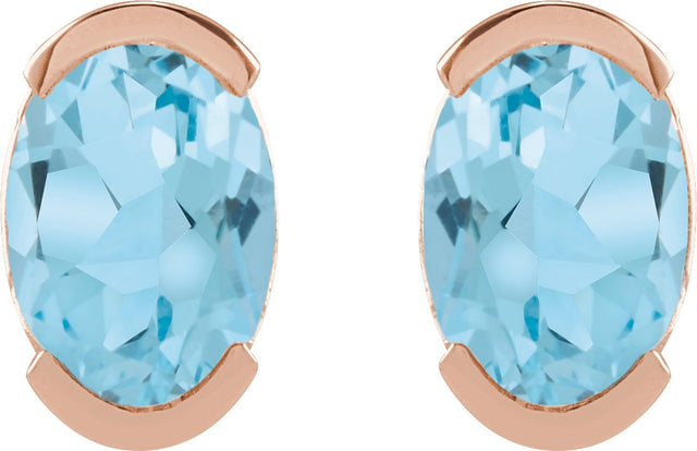 14K Gold Oval Natural Sky Blue Topaz Half-Bezel Solitaire Stud Earrings - Rose Gold - view 4