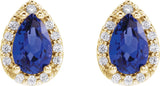 14K Gold Lab-Grown Blue Sapphire Pear 4-Prong Halo-Style Low Stud Earring - Yellow Gold - view 8