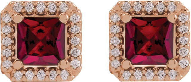14K Gold Lab-Grown Ruby Square 4-Prong Halo-Style Earring - Rose Gold - view 6